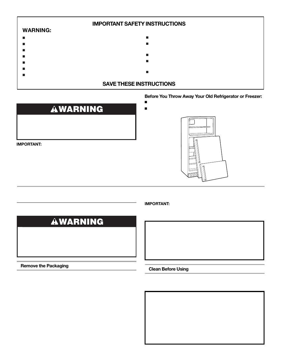 Installation instructions, Warning, Unpack the refrigerator | Proper disposal of your old refrigerator, Important safety instructions warning, Save these instructions | Whirlpool 2302076 User Manual | Page 2 / 36