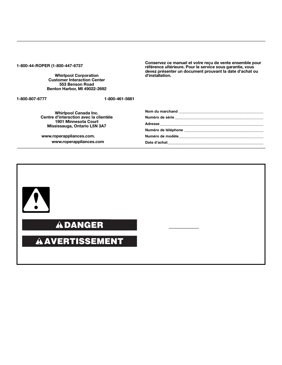 Sécurité du réfrigérateur, Avertissement danger, Assistance ou service | Whirlpool 2302076 User Manual | Page 24 / 36