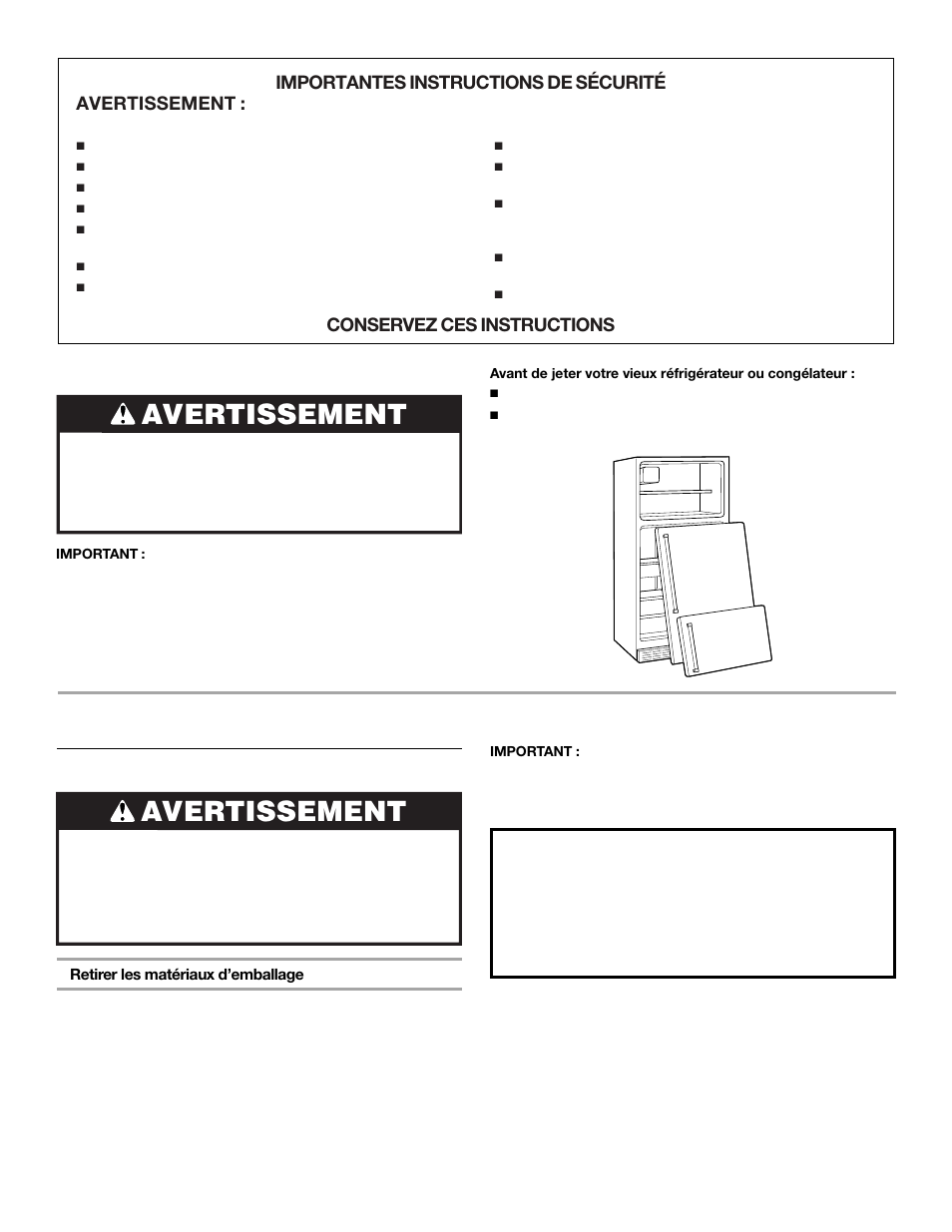 Instructions d'installation, Déballage du réfrigérateur, Mise au rebut de votre vieux réfrigérateur | Avertissement | Whirlpool 2302076 User Manual | Page 25 / 36