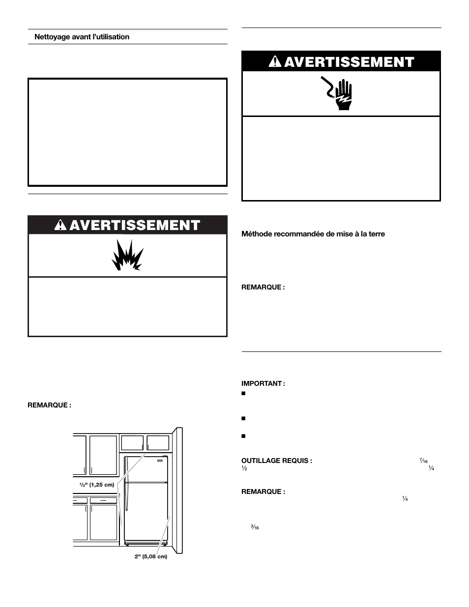 Avertissement, Spécifications d'emplacement, Spécifications électriques | Spécifications de l’alimentation en eau | Whirlpool 2302076 User Manual | Page 26 / 36