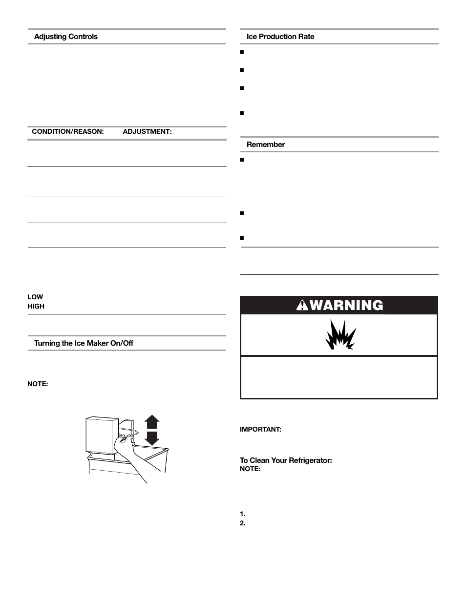 Refrigerator care, Warning, Crisper humidity control | Ice maker, Cleaning | Whirlpool 2302076 User Manual | Page 8 / 36