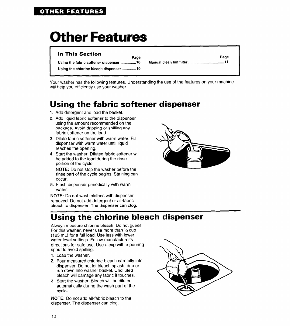 Other features, Using the fabric softener dispenser, Using the chlorine bleach dispenser | Whirlpool LMR5243A User Manual | Page 10 / 24