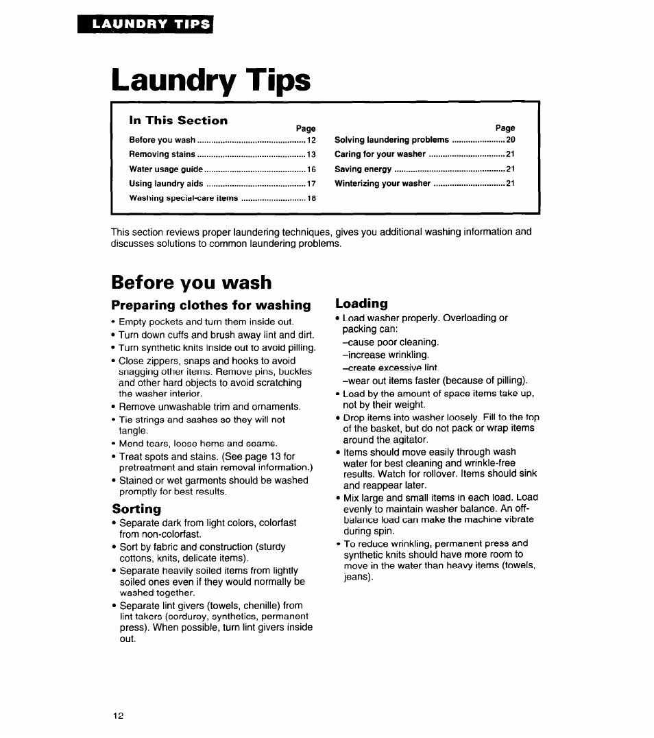 Laundry tips, Before you wash | Whirlpool LMR5243A User Manual | Page 12 / 24