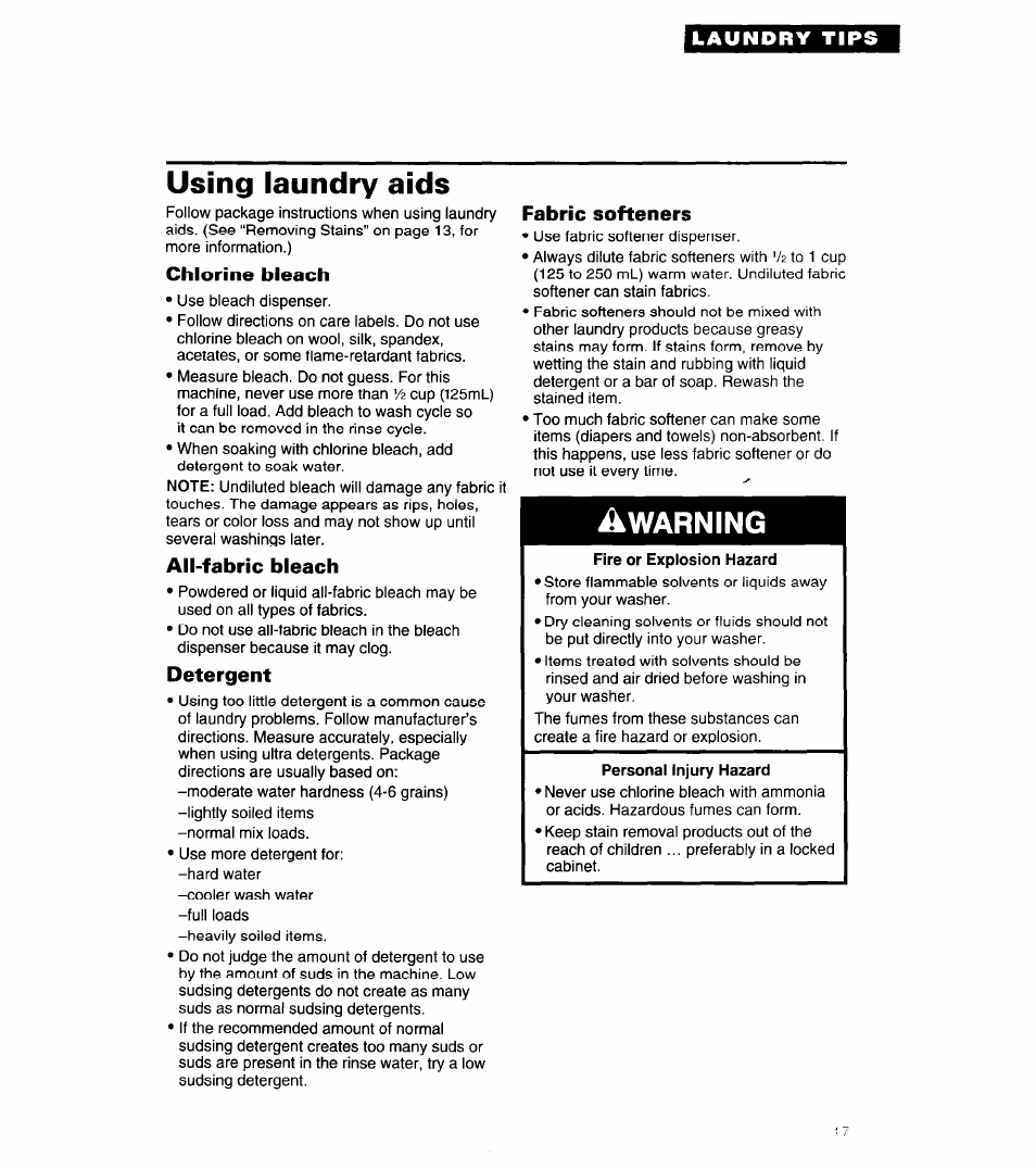 Using laundry aids, Awarning, Fire or explosion hazard | Whirlpool LMR5243A User Manual | Page 17 / 24