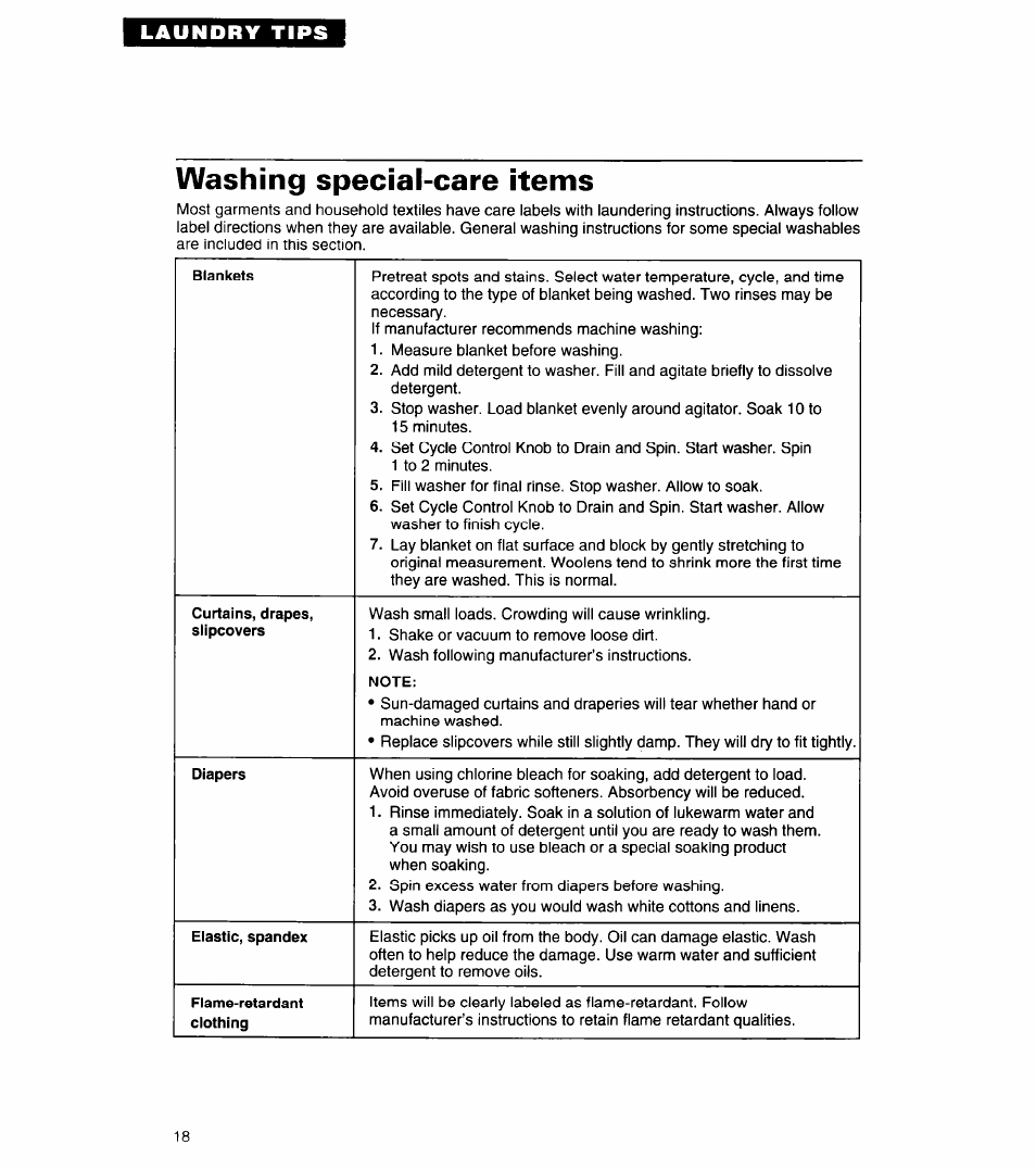 Washing special-care items, Blankets, Curtains, drapes, slipcovers | Diapers, Elastic, spandex, Flame-retardant, Laundry tips | Whirlpool LMR5243A User Manual | Page 18 / 24