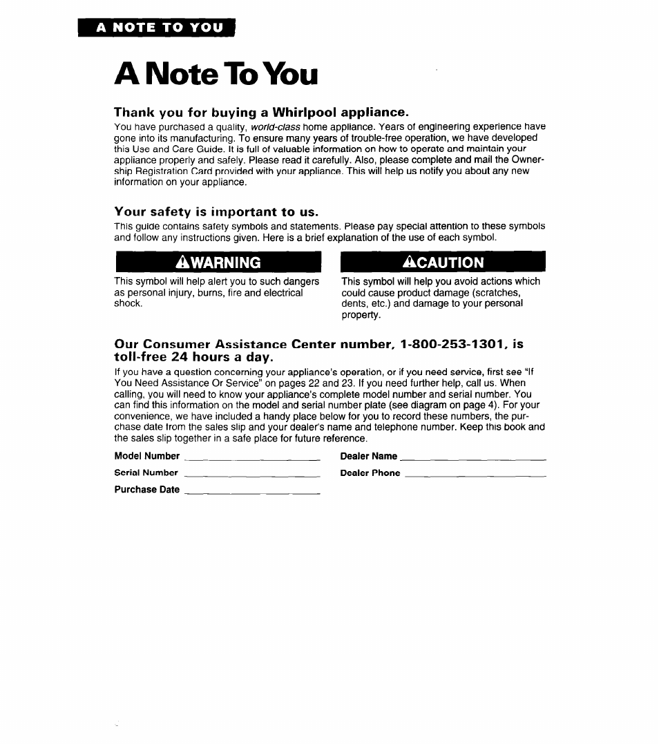 A note to you, Anotetovbu | Whirlpool LMR5243A User Manual | Page 2 / 24