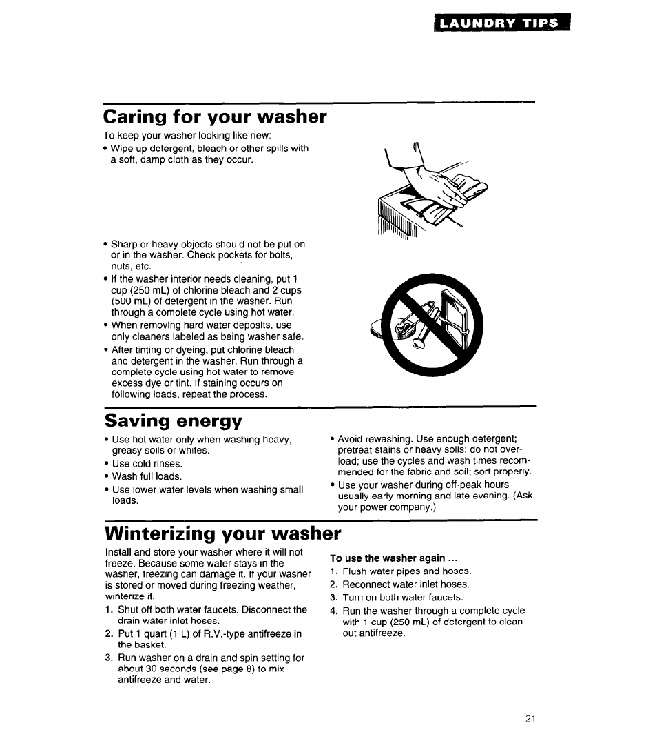 Caring for your washer, Saving energy, Winterizing your washer | Whirlpool LMR5243A User Manual | Page 21 / 24