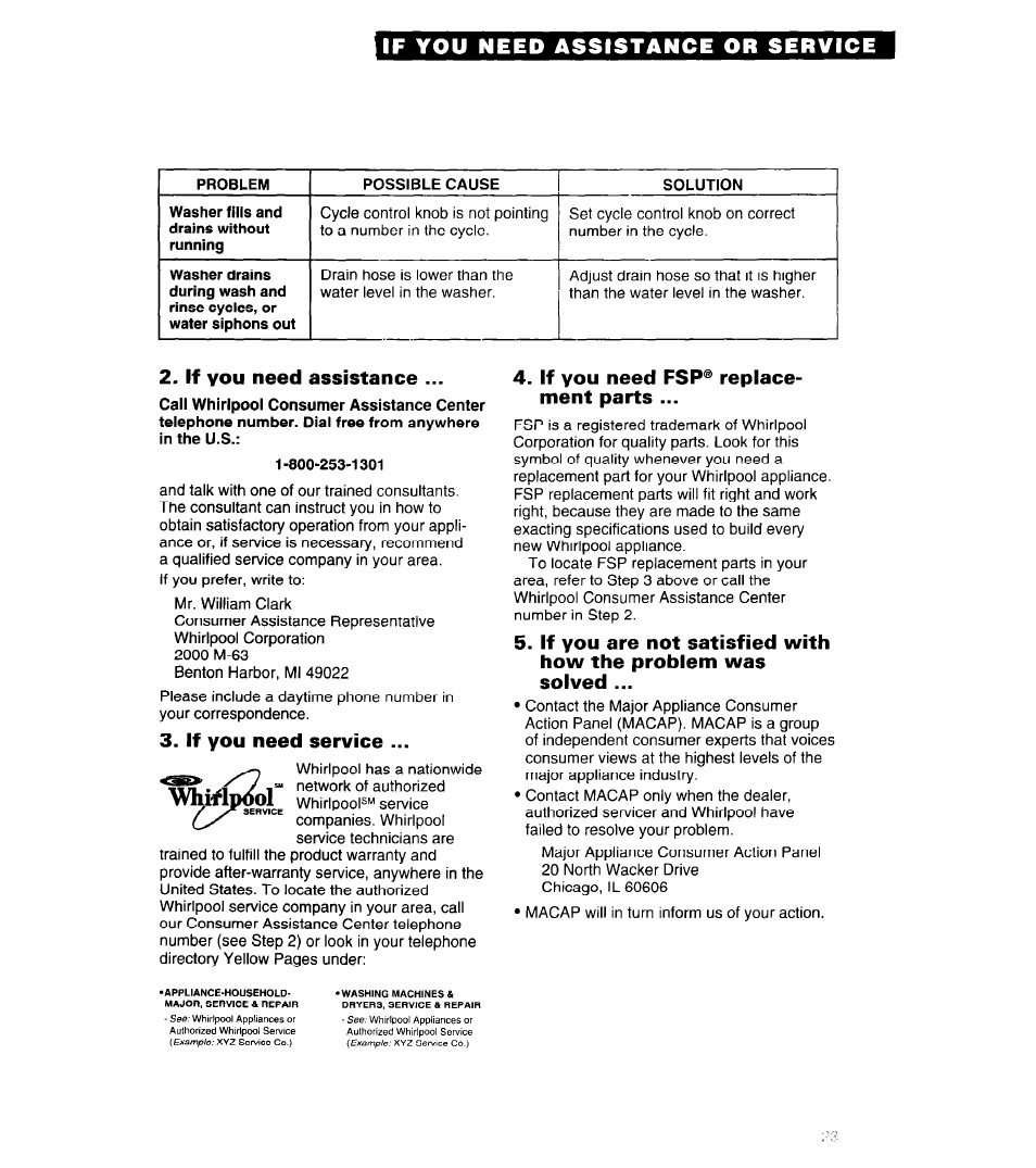 If you need assistance or service, If you need assistance, If you need service | If you need fsp® replace­ ment parts | Whirlpool LMR5243A User Manual | Page 23 / 24