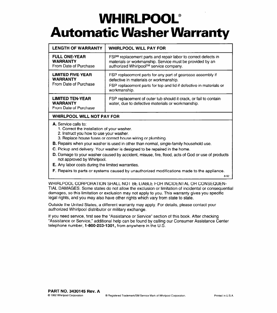 Whirlpool, Automatic washer warranty, Part no. 3430145 rev. a | Whirlpool automatic washer warranty | Whirlpool LMR5243A User Manual | Page 24 / 24