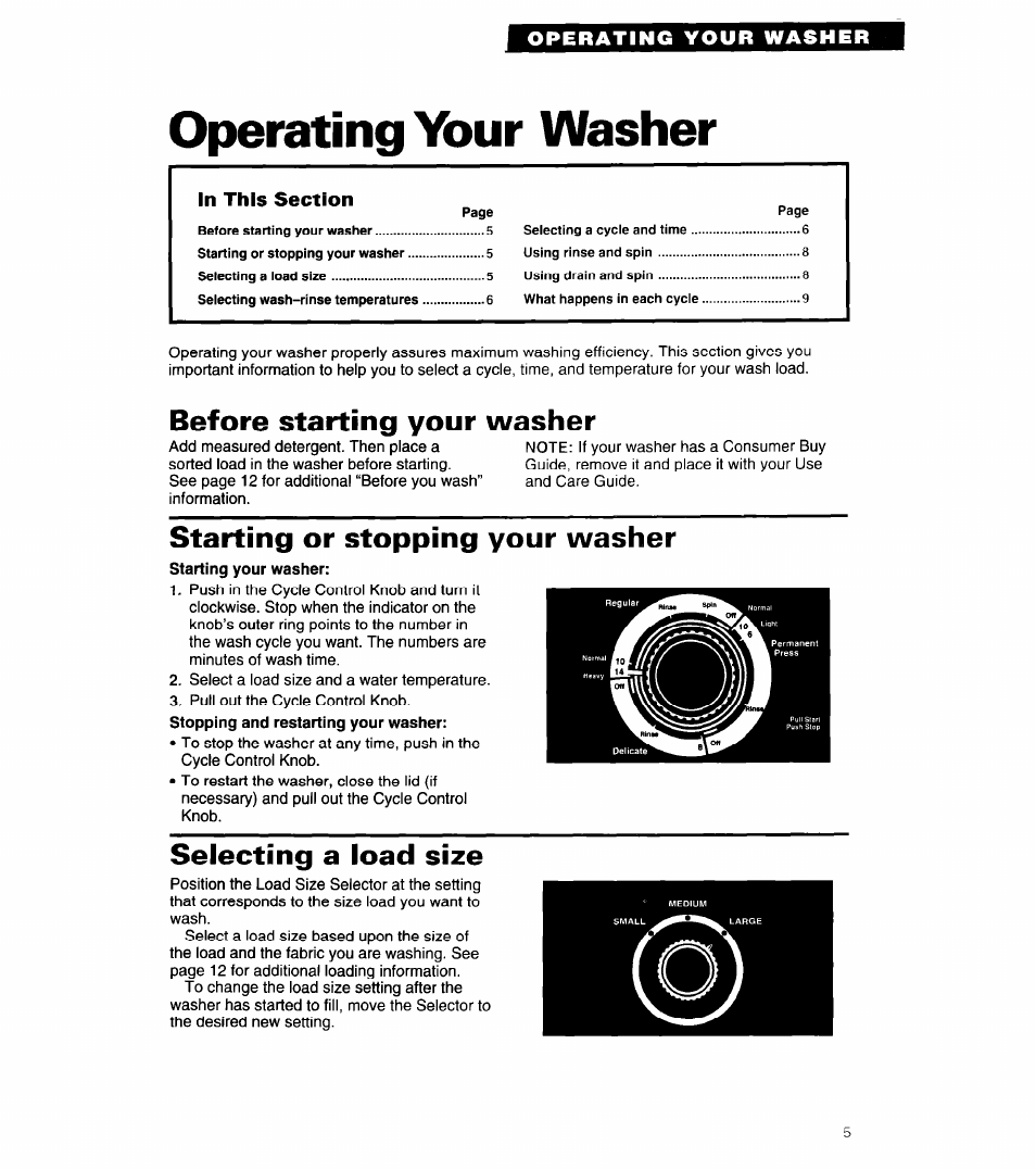 Operating your washer, Before starting your washer, Starting or stopping your washer | Selecting a load size | Whirlpool LMR5243A User Manual | Page 5 / 24