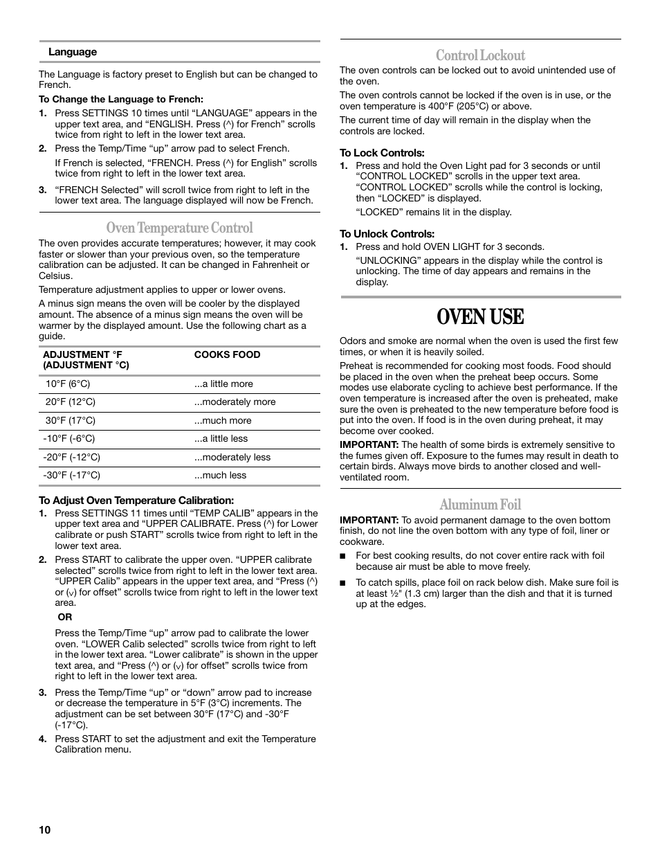 Oven use, Oven temperature control, Control lockout | Aluminum foil | Whirlpool GGG388LX User Manual | Page 10 / 24