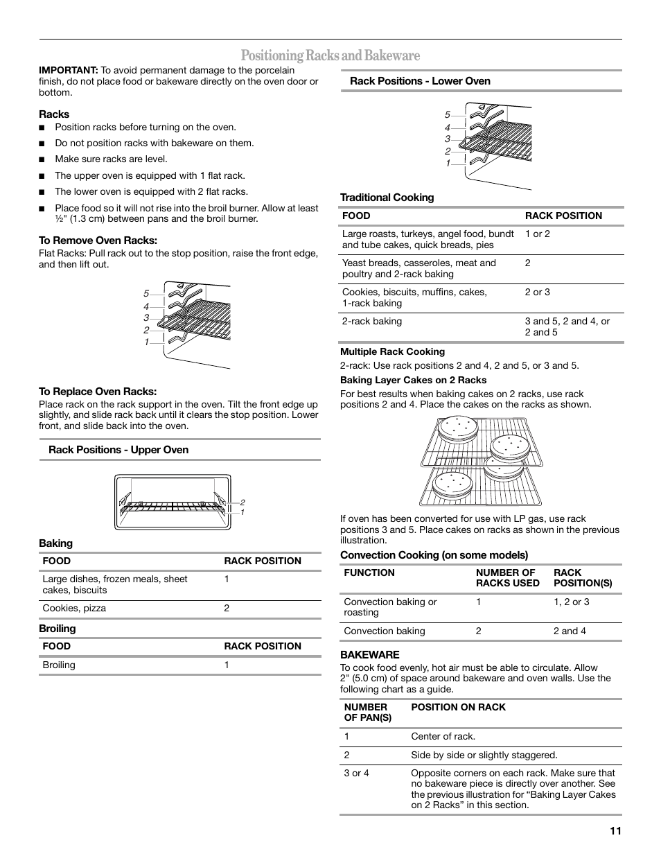 Positioning racks and bakeware | Whirlpool GGG388LX User Manual | Page 11 / 24