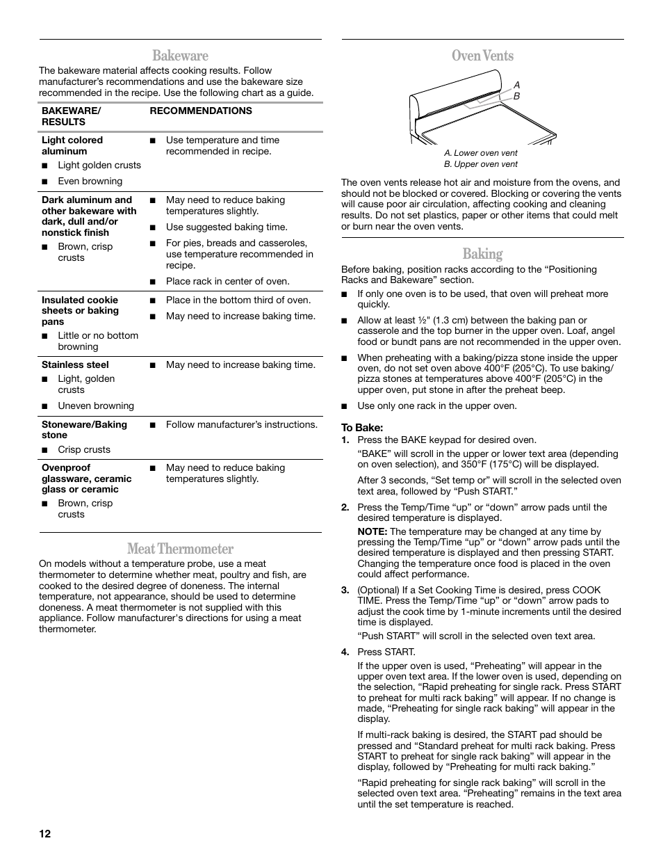 Bakeware, Meat thermometer, Oven vents | Baking | Whirlpool GGG388LX User Manual | Page 12 / 24