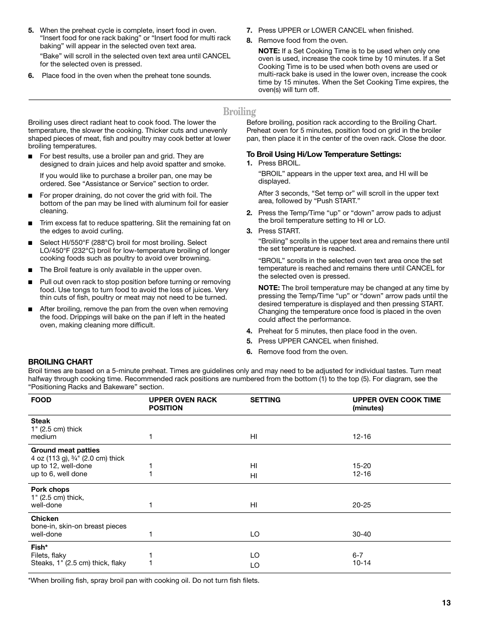 Broiling | Whirlpool GGG388LX User Manual | Page 13 / 24