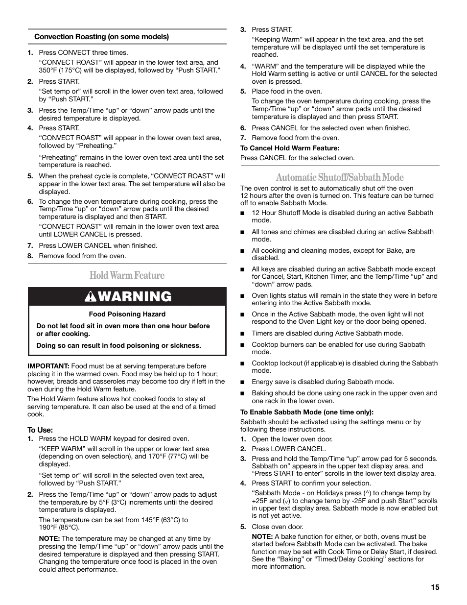 Warning, Hold warm feature, Automatic shutoff/sabbath mode | Whirlpool GGG388LX User Manual | Page 15 / 24