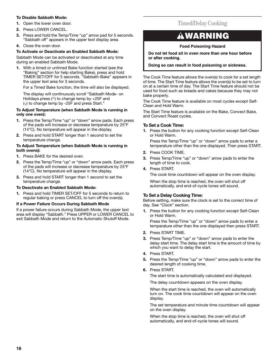 Warning, Timed/delay cooking | Whirlpool GGG388LX User Manual | Page 16 / 24