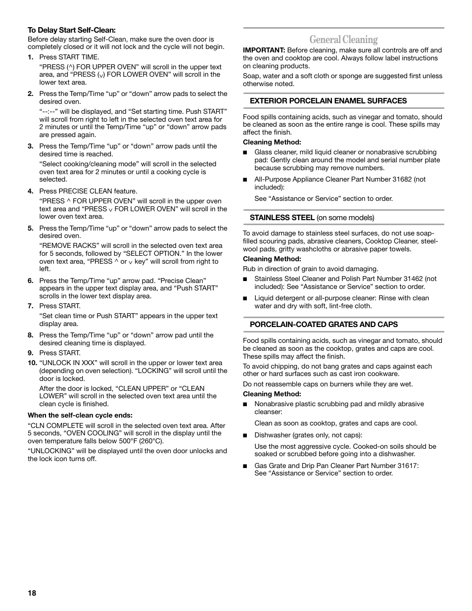 General cleaning | Whirlpool GGG388LX User Manual | Page 18 / 24