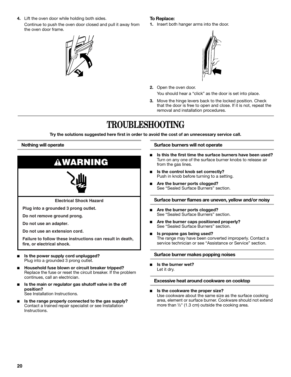 Troubleshooting, Warning | Whirlpool GGG388LX User Manual | Page 20 / 24