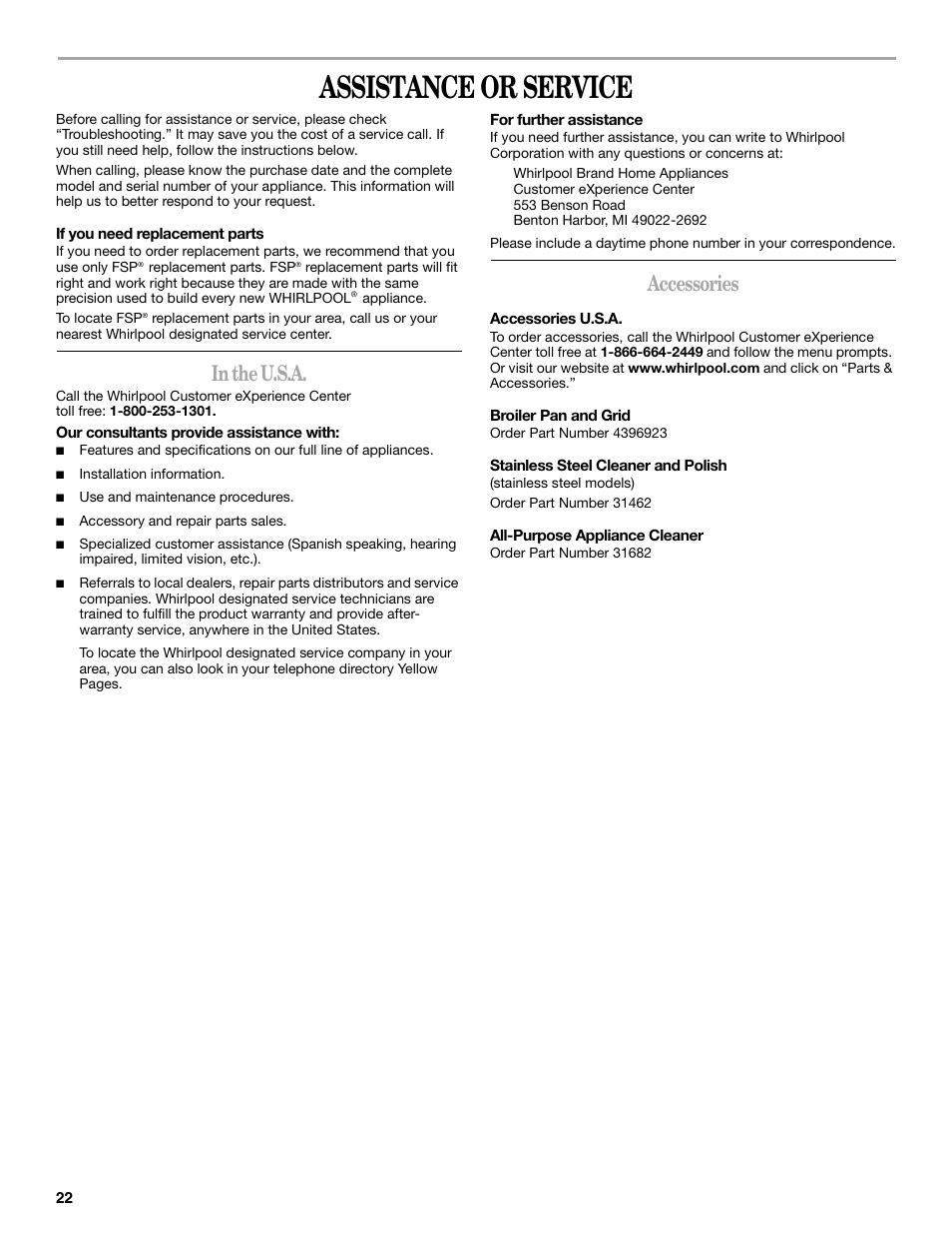 Assistance or service, Accessories | Whirlpool GGG388LX User Manual | Page 22 / 24