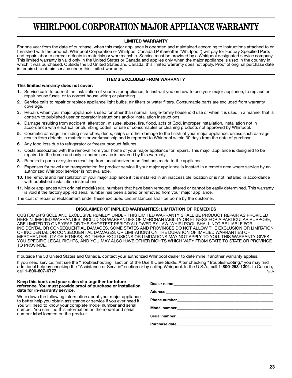 Whirlpool corporation major appliance warranty | Whirlpool GGG388LX User Manual | Page 23 / 24