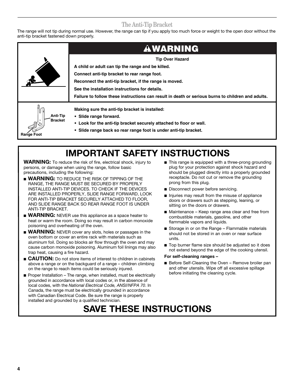 Warning, The anti-tip bracket | Whirlpool GGG388LX User Manual | Page 4 / 24