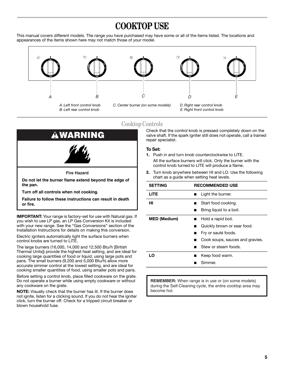 Cooktop use, Warning, Cooktop controls | Whirlpool GGG388LX User Manual | Page 5 / 24