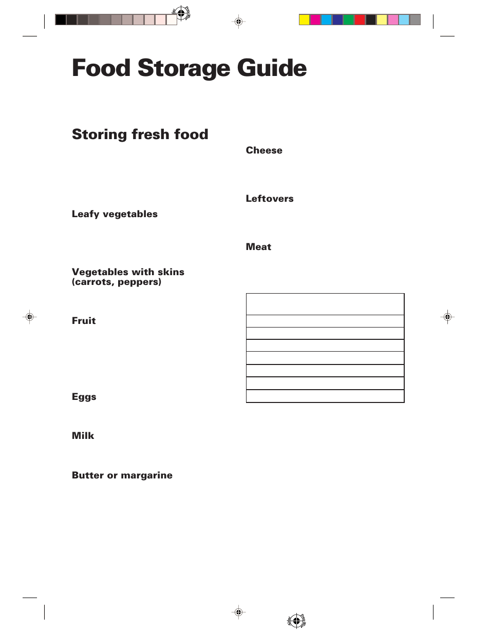 Food storage guide, Storing fresh food | Whirlpool 1-34850/4390527 User Manual | Page 13 / 20