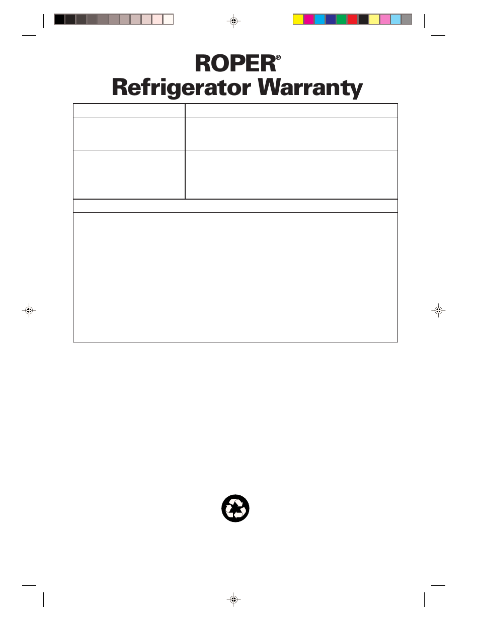 Warranty, Roper, Refrigerator warranty | Whirlpool 1-34850/4390527 User Manual | Page 20 / 20