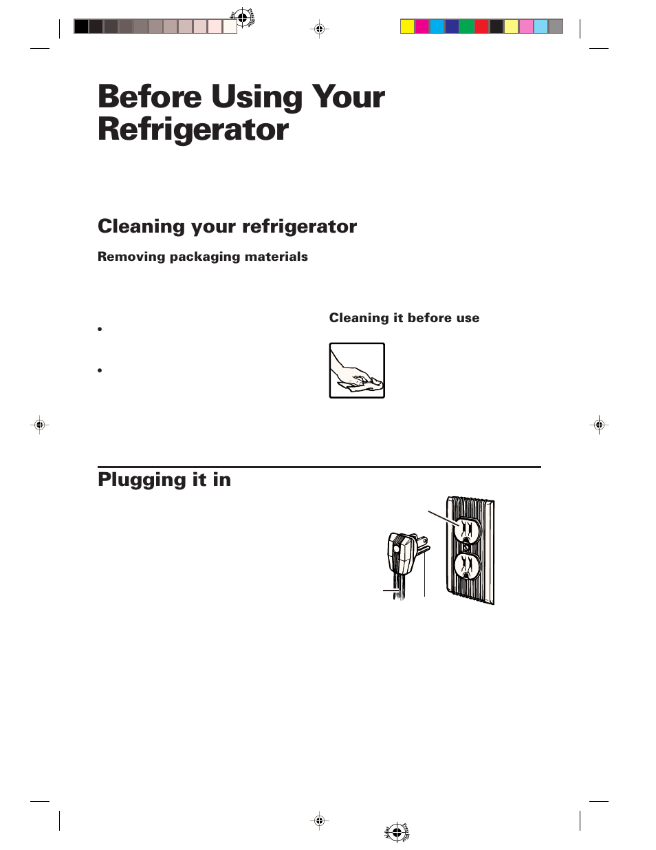 Before using your refrigerator, Cleaning your refrigerator, Plugging it in | Whirlpool 1-34850/4390527 User Manual | Page 5 / 20