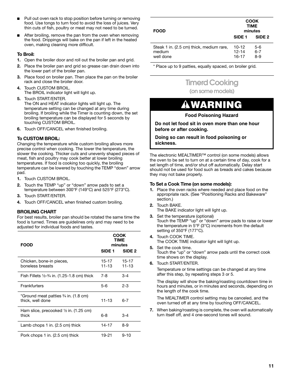 Timerdcooking, Warning, Timerd cooking | On some models) | Whirlpool 98012565 User Manual | Page 11 / 32