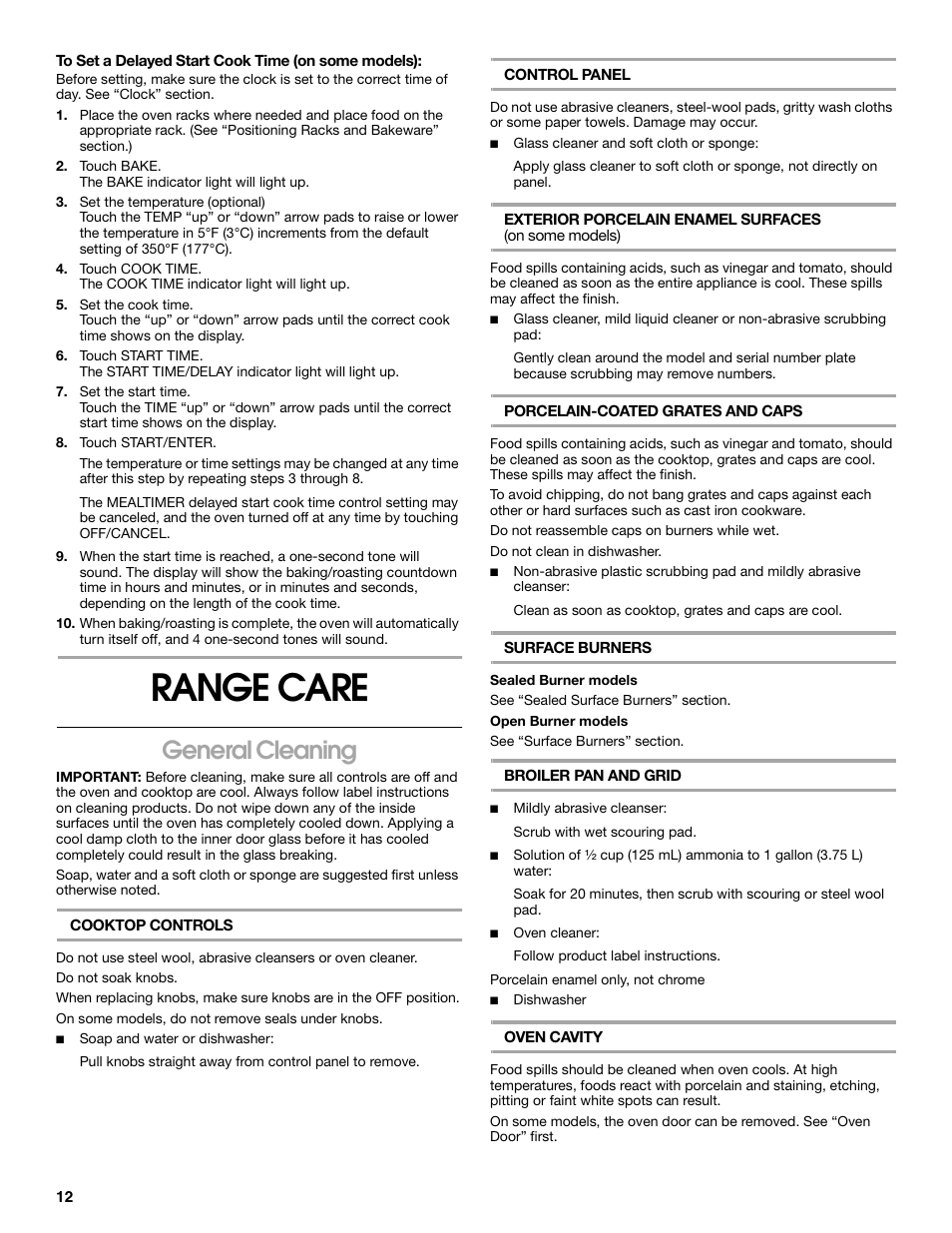 Range care, General cleaning | Whirlpool 98012565 User Manual | Page 12 / 32