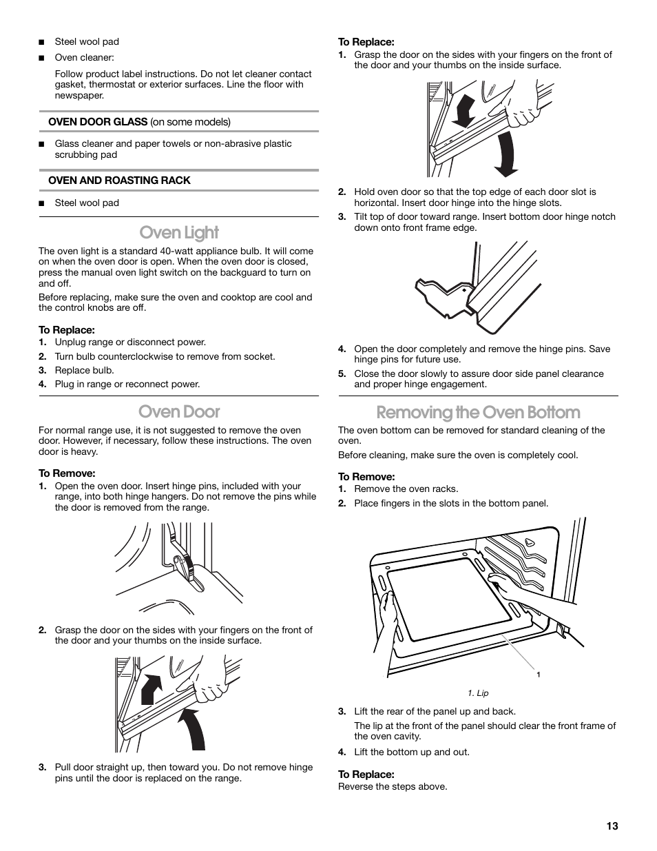 Oven light, Oven door, Removing the oven bottom | Whirlpool 98012565 User Manual | Page 13 / 32