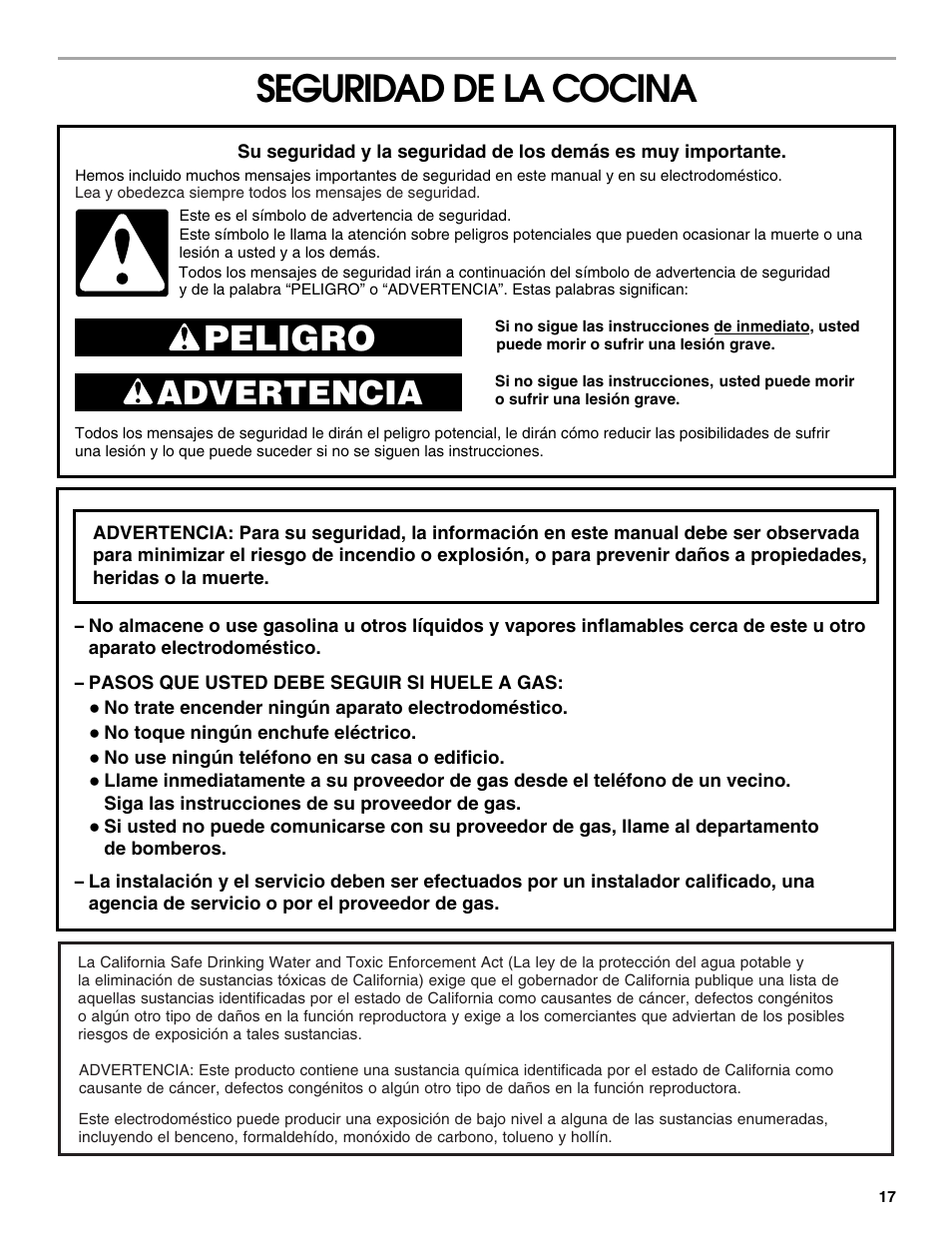 Spanish version, Seguridad de la cocina, Peligro | Advertencia | Whirlpool 98012565 User Manual | Page 17 / 32