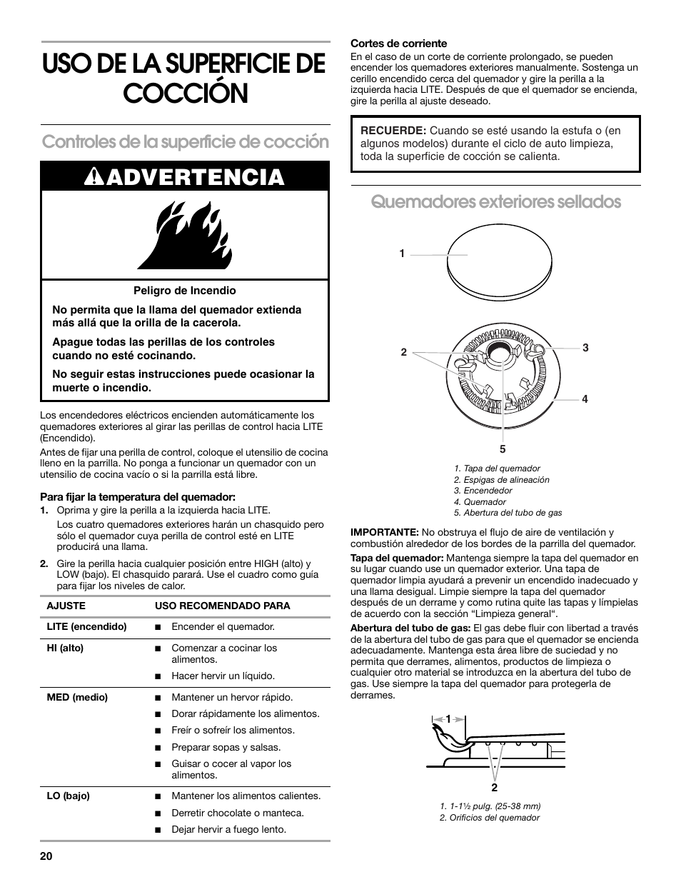 Uso de la superficie de cocción, Advertencia, Controles de la superficie de cocción | Quemadores exteriores sellados | Whirlpool 98012565 User Manual | Page 20 / 32