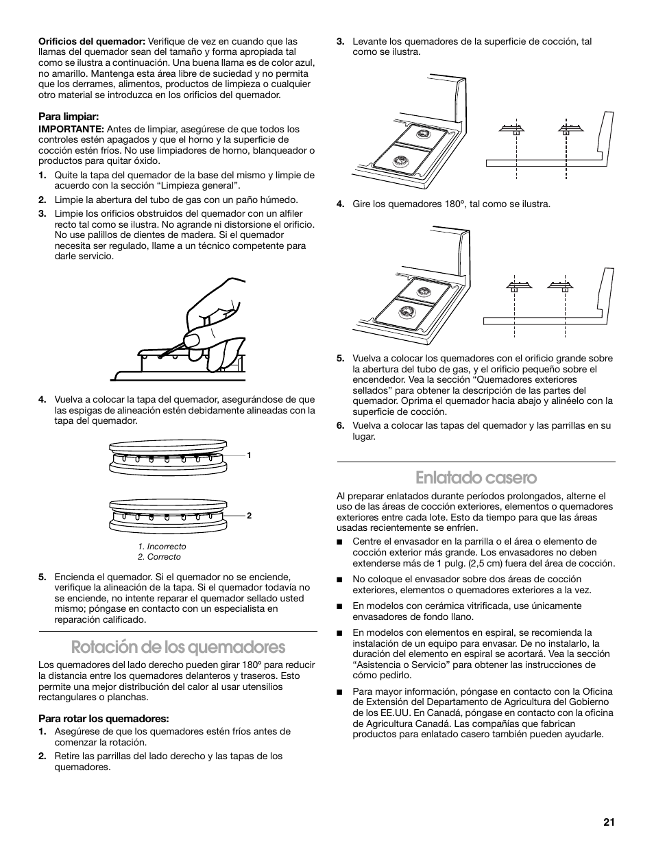 Rotación de los quemadores, Enlatado casero | Whirlpool 98012565 User Manual | Page 21 / 32