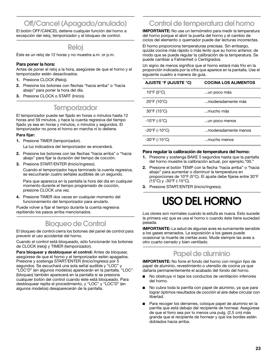 Uso del horno, Off/cancel (apagado/anulado), Reloj | Temporizador, Bloqueo de control, Control de temperatura del horno, Papel de aluminio | Whirlpool 98012565 User Manual | Page 23 / 32