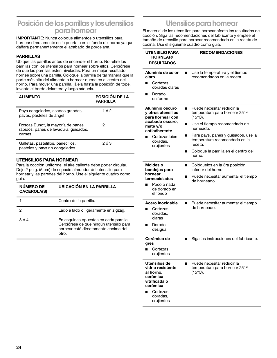 Utensilios para hornear | Whirlpool 98012565 User Manual | Page 24 / 32