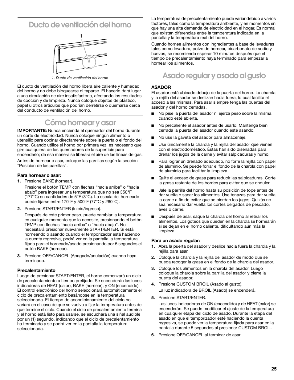 Ducto de ventilación del horno, Cómo hornear y asar, Asado regular y asado al gusto | Whirlpool 98012565 User Manual | Page 25 / 32