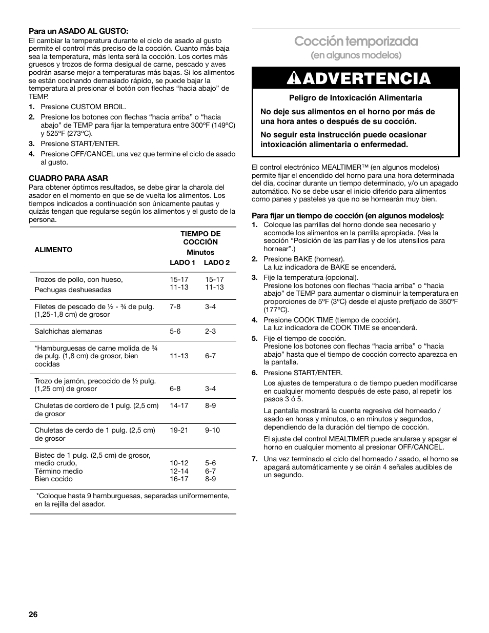 Advertencia, Cocción temporizada | Whirlpool 98012565 User Manual | Page 26 / 32