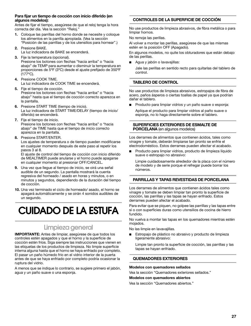 Cuidado de la estufa, Limpieza general | Whirlpool 98012565 User Manual | Page 27 / 32