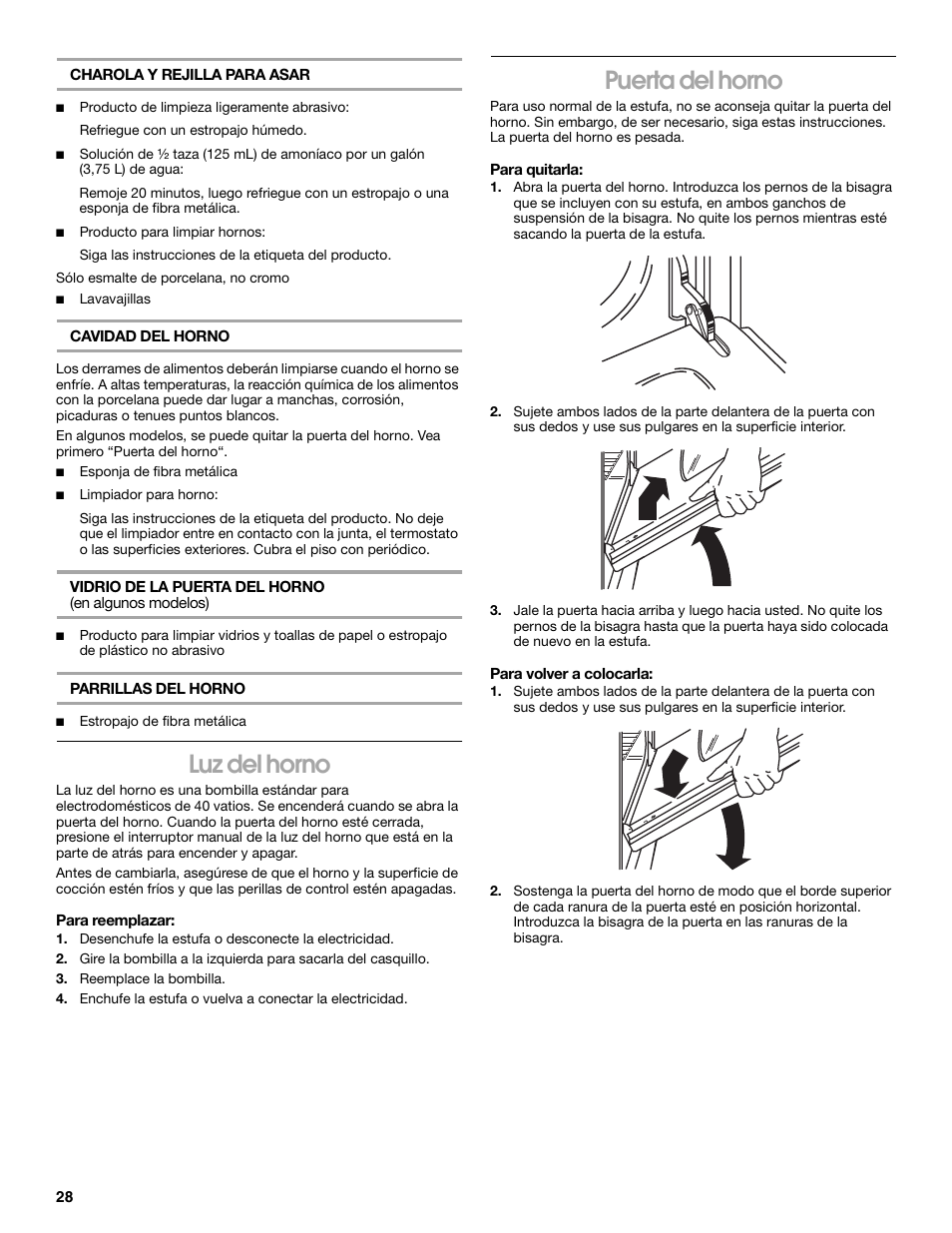 Luz del horno, Puerta del horno | Whirlpool 98012565 User Manual | Page 28 / 32