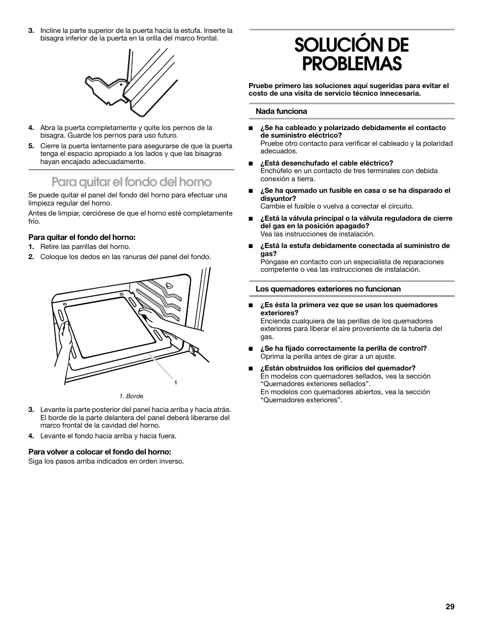 Solución de problemas, Para quitar el fondo del horno | Whirlpool 98012565 User Manual | Page 29 / 32