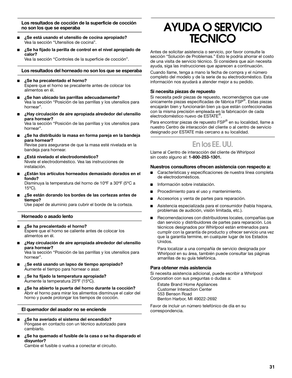 Ayuda o servicio tecnico, En los ee. uu | Whirlpool 98012565 User Manual | Page 31 / 32