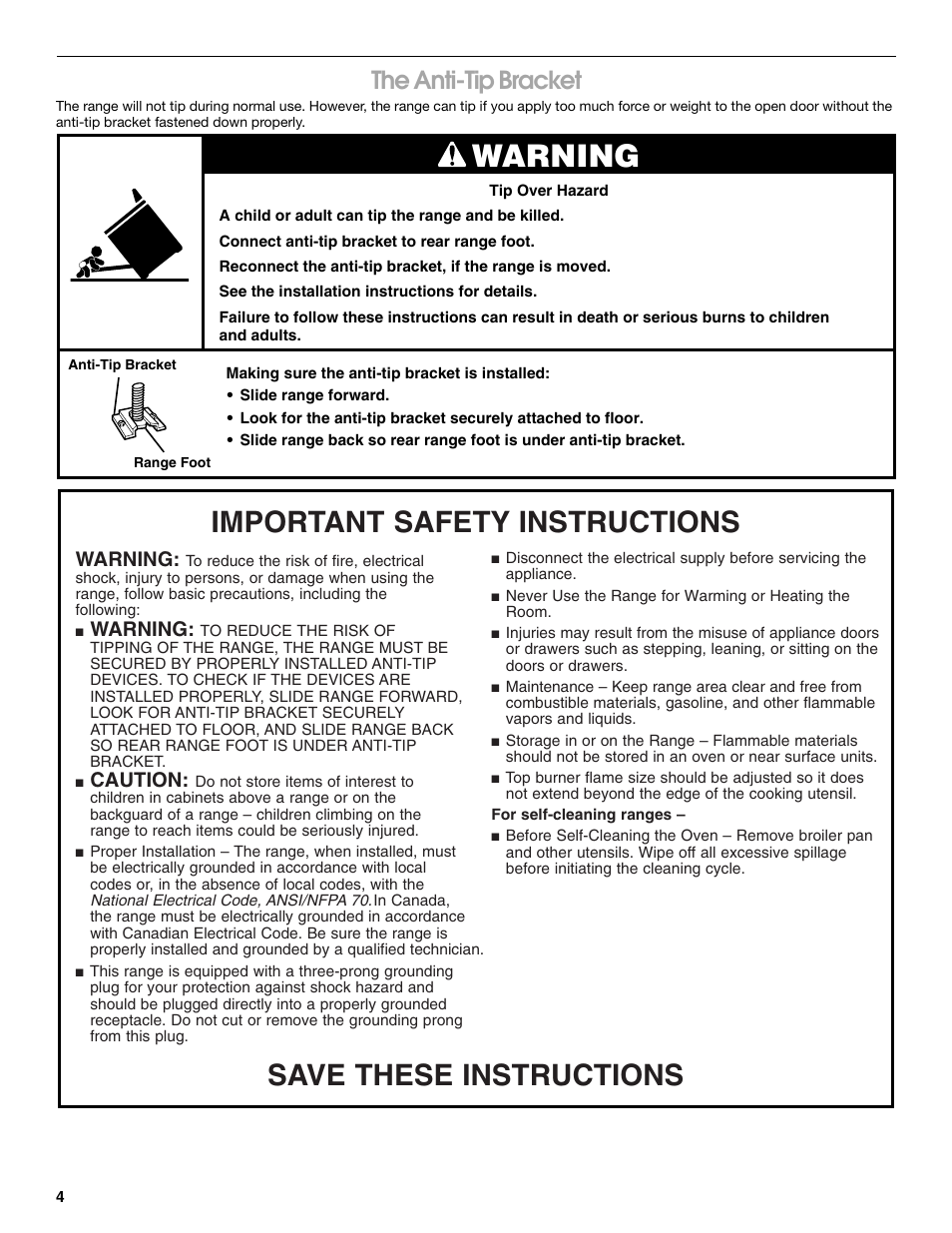 Warning, Save these instructions, Important safety instructions | The anti-tip bracket, Caution | Whirlpool 98012565 User Manual | Page 4 / 32