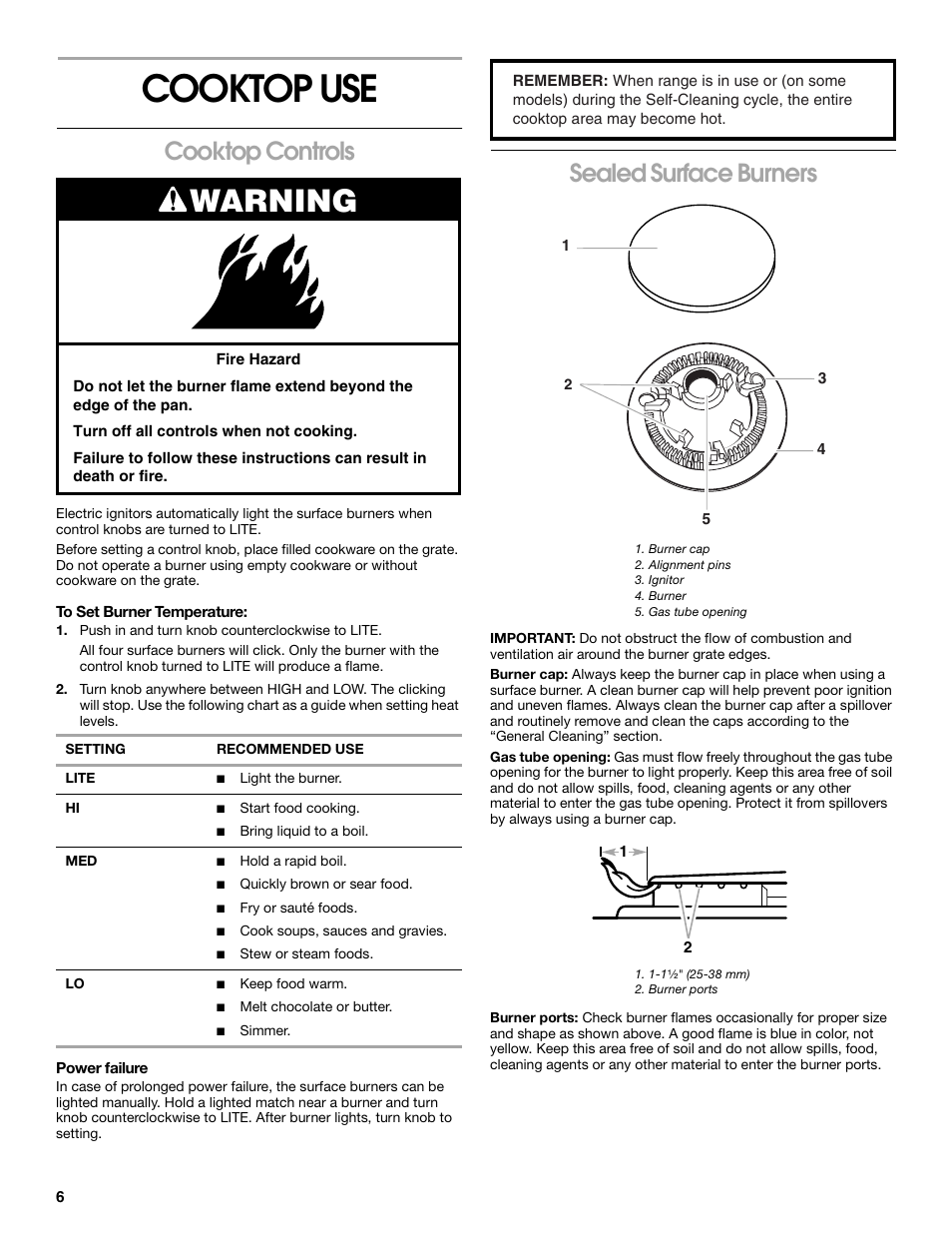 Cooktop use, Cooktop controls, Sealed surface burners | Warning | Whirlpool 98012565 User Manual | Page 6 / 32