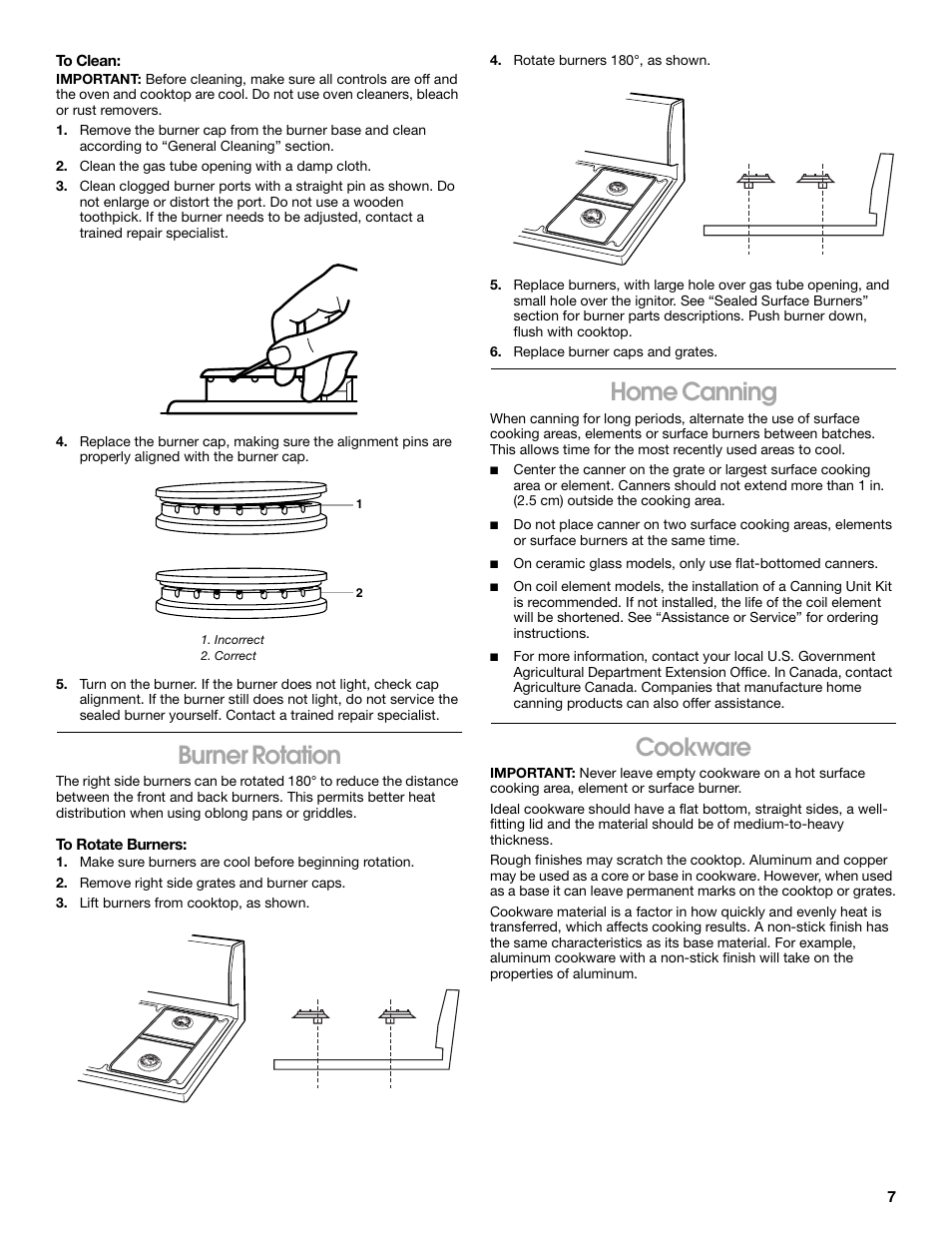 Home canning, Burner rotation, Cookware | Whirlpool 98012565 User Manual | Page 7 / 32