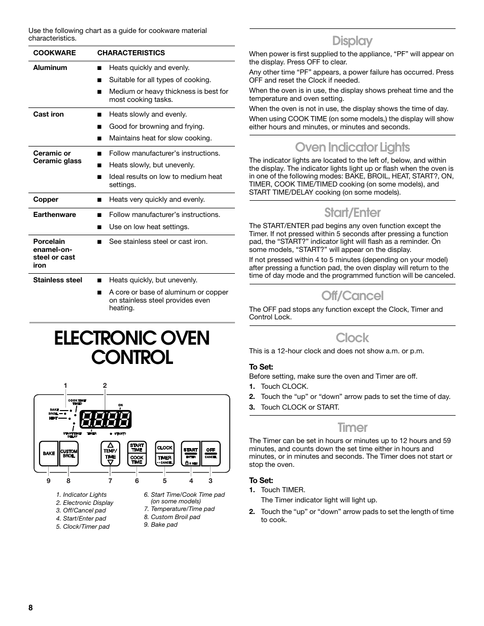 Electronic oven control, Display, Oven indicator lights | Start/enter, Off/cancel, Clock, Timer | Whirlpool 98012565 User Manual | Page 8 / 32