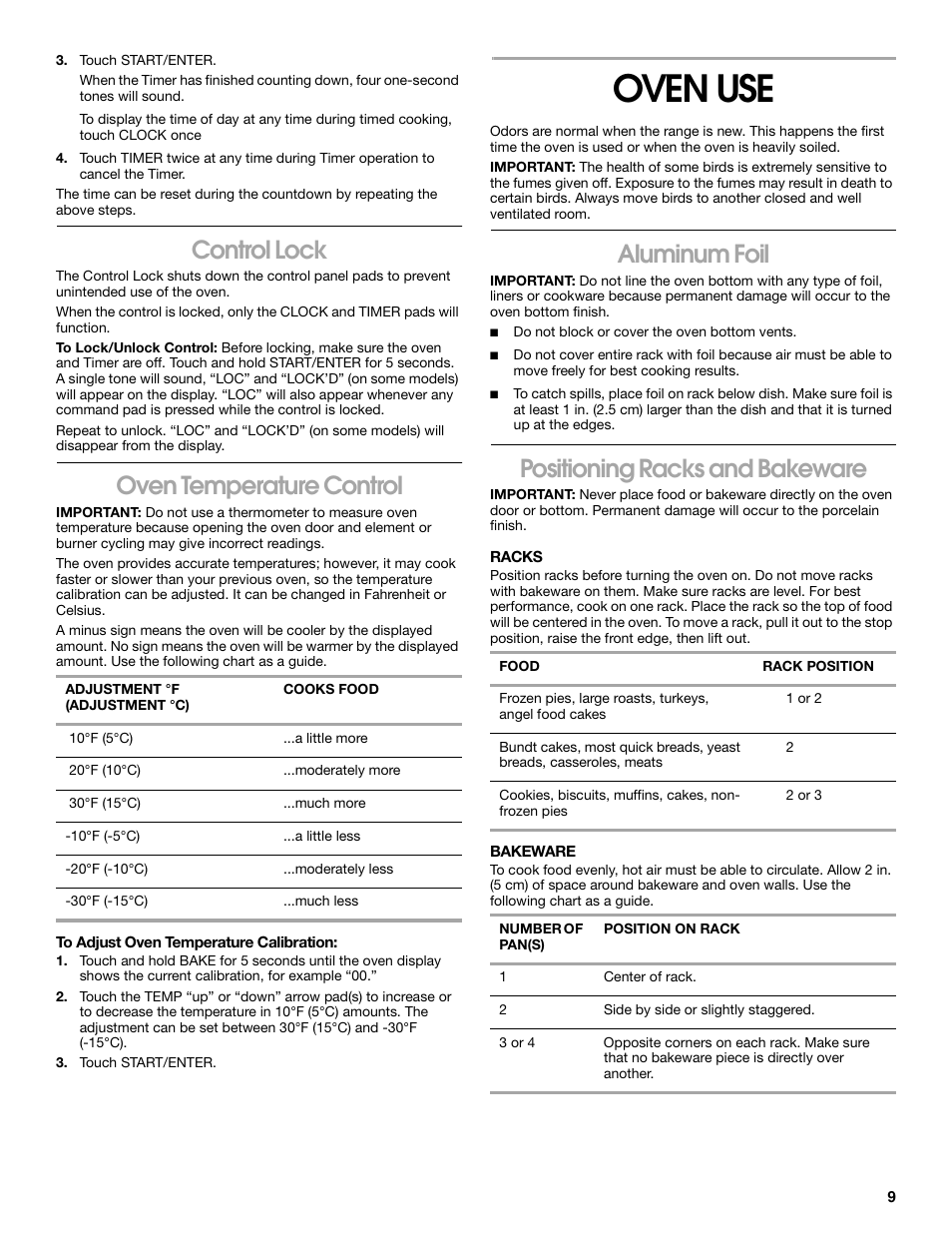 Control lock, Oven temperature control, Oven use | Aluminum foil, Positioning racks and bakeware | Whirlpool 98012565 User Manual | Page 9 / 32
