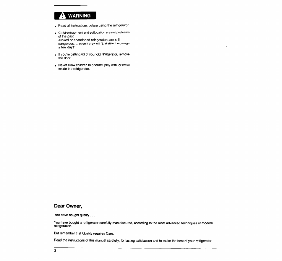 A warning, Dear owner | Whirlpool Coolerator EM02ACRWW0 User Manual | Page 2 / 7