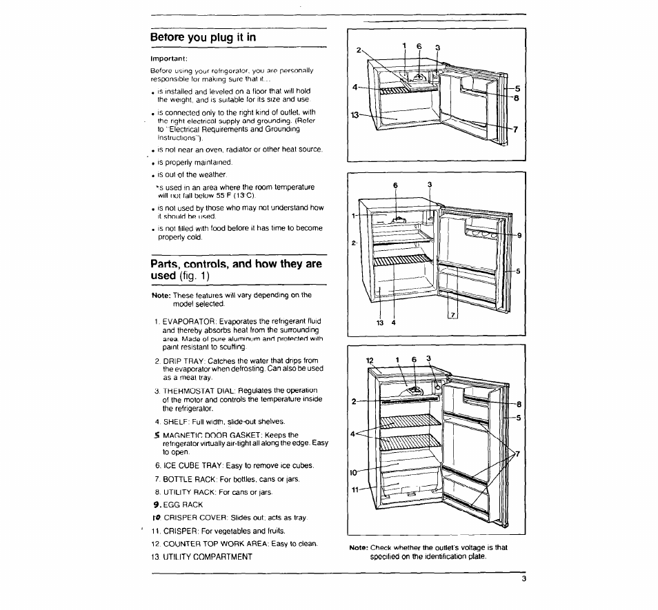 Before you plug it in, Parts, controls, and how they are used (fig. 1) | Whirlpool Coolerator EM02ACRWW0 User Manual | Page 3 / 7